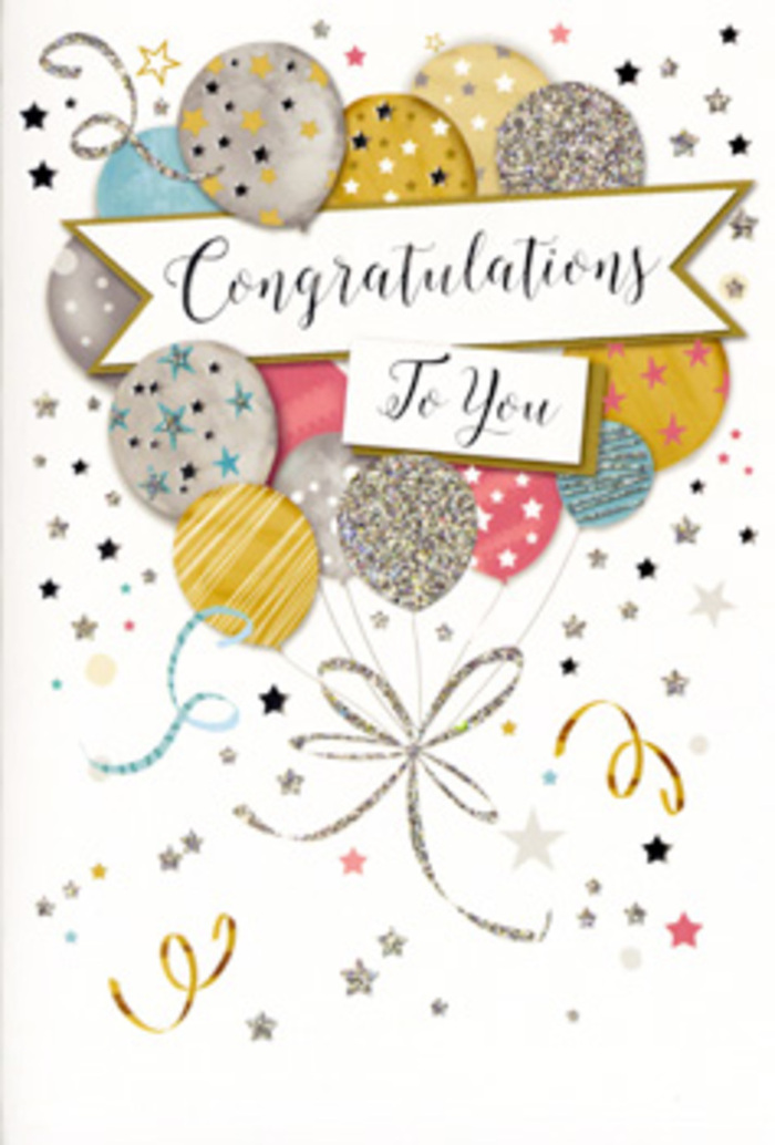 The congratulations card shown here carries the refined yet joyful feel of a thoughtfully planned celebration, much like the gatherings that brighten homes throughout Willesden after a big success. Its central motif is a bouquet-like cluster of balloons that seems to float effortlessly upward, as if just released in a moment of pure delight. The balloons are drawn in soft, complementary shades of brushed gold, cool silver, champagne cream, pastel blue, blush rose, and gentle grey, arranged so that some sit in front and others recede slightly, creating a sense of depth and layering. Each balloon is embellished with dainty decorative details-shimmering star patterns, delicate stripes, and scattered spots that mimic the sparkle of confetti in warm indoor light. They are gathered together by slender, curling ribbons in metallic tones that trail downward and curve across the lower part of the design, tying the composition together like the finishing touch on an expertly tied bouquet. A graceful banner sweeps through the centre, bearing the words "Congratulations To You" in flowing cursive script, the letters elegant and balanced, suggesting care and intention. Around this focal scene, the background is light and uncluttered, dusted with tiny stars, dots, and exuberant swirls that evoke the feeling of a party in full swing-voices lifted in congratulations, glasses raised, and smiles all around. The card hints at multiple textures: glossy ink that catches the light, subtle glitter that might feel slightly raised to the touch, and a sturdy card base ready to stand proudly on a shelf. As a Willesden florist, I'd imagine this card accompanying a lush bouquet delivered to addresses around Gladstone Park or along Walm Lane, ideal for graduations, promotions, or any moment when someone's hard work deserves to be recognised with genuine joy and a little extra sparkle.