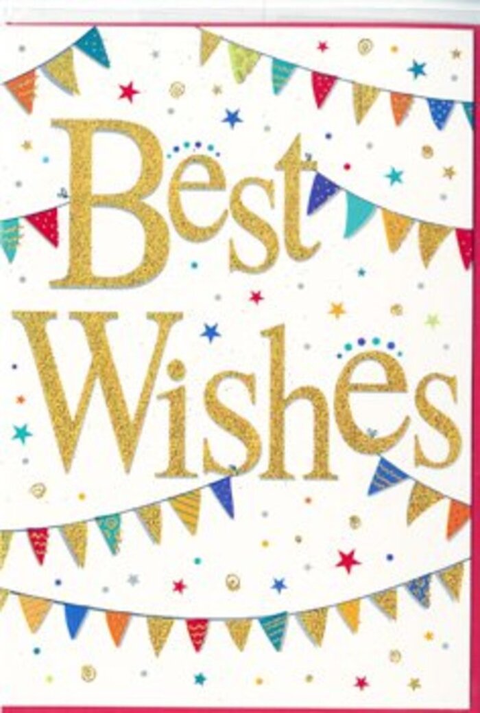 In this image, a "Best Wishes" card is displayed with a sense of polished festivity, the design echoing the informal celebrations that bring neighbours together around Willesden. At the centre, the words "Best Wishes" are scripted in rich, golden lettering that looks embossed and slightly raised, catching the imaginary light as if brushed with fine metallic foil. The warm gold lines sweep across a smooth, bright white background, creating a clean contrast that draws the eye instantly to the message. Curving lightly over and under the phrase are graceful strings of bunting, as though they have been hung above a garden table in Gladstone Park. Each small triangular flag along these strings is painted in vivid, happy colours: bold blues, vibrant reds, fresh greens, and lively yellows. Some triangles feature delicate patterns-tiny dots, stripes, or mosaic-like detail-that give the impression of careful, handcrafted love. Scattered among the bunting and around the central words are tiny star shapes and little circular confetti dots, echoing the card's palette. They appear to float in the white space, like specks of colour caught mid-drift after a celebratory toss. Despite the playful decoration, the open background keeps the card looking refined and uncluttered, striking a balance between joy and elegance. This is the sort of card you might choose to accompany a hand-tied bouquet from Flower Delivery Willesden, sent to recognise exam success, offer encouragement for a new role in Brent, or mark the beginning of a new chapter in NW10. Its overall feeling is one of genuine support, buoyant optimism, and shared pride in someone's achievements.