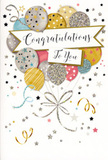 In this image, a beautifully designed congratulations card captures the feeling of a happy moment shared in a Willesden home, perhaps placed beside a fresh arrangement of flowers after the good news is announced. At the heart of the card floats a charming cluster of balloons, gathered together like a festive bouquet and drifting gently upward. The balloons come in soft metallic-inspired shades of gold, silver, champagne, light blue, blush pink, and pale grey, each one adorned with its own delicate detail-tiny stars scattered like twinkling lights, slender stripes, and subtle glitter-like dots that suggest shimmer without overpowering the design. Their ribbons, drawn as fine, curling lines in gold and silver tones, meet in a loose bundle and then spiral down and outward, adding a graceful sense of motion. Stretching across the middle, a gently curved banner carries the words "Congratulations To You" in stylish, flowing calligraphy that feels warm and sincere, as though written especially for the recipient. The background remains soft and light, sprinkled with miniature stars, playful confetti, and swirling streamers that drift across the surface like the echoes of laughter and applause. The overall impression is airy and elegant, with implied textures of glossy print and touches of glitter on sturdy, high-quality card. From the perspective of a local Willesden florist, this card would be a perfect companion to a celebratory bouquet heading to addresses near Willesden Green station, along Dudden Hill Lane, or towards Neasden, ideal for marking exam successes, new jobs, or special personal milestones. It visually conveys that uplifting, heartfelt "well done" that lingers long after the moment has passed.