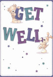 Bubbling with cheerful optimism, this get well card features two beloved companions-a cuddly teddy bear and a playful puppy-joyfully holding the oversized, vibrant letters of 'Get Well,' their presence seemingly leaping from a creamy white background. The rich purples and teals of the well-balanced typography brighten the entire scene, much like the vibrant blooms spotted throughout Willesden's bustling markets. Shimmering stars in various hues of blue and violet arch overhead, infusing the artwork with a sense of hope and magic that feels ideal for sending comfort to someone in recovery. The bear's fluffy fur and the puppy's soft, floppy ears are drawn with such tactile detail that one can almost sense their gentle embrace, echoing the warmth of a same-day bouquet from a Willesden florist. The mood is light, loving, and supportive-a perfect visual expression of kindness that would lift anyone's spirits, intertwining a thoughtful message with the heartfelt care typical of Willesden's friendly community.